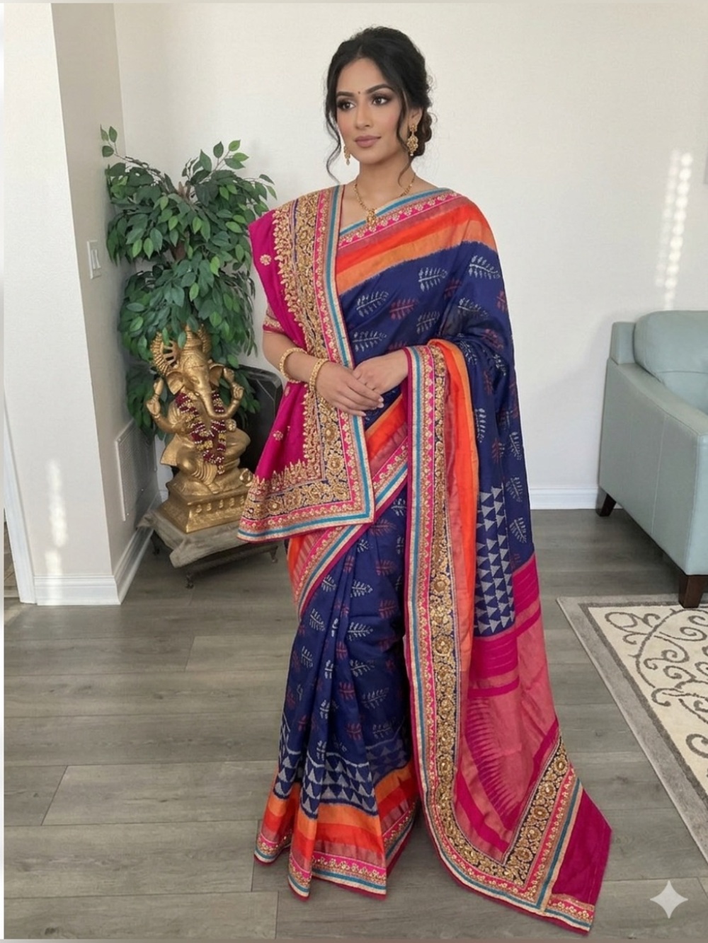 Woman's  pure silk Kanjivaram Navy Blue & Pink  Saree with kundan work